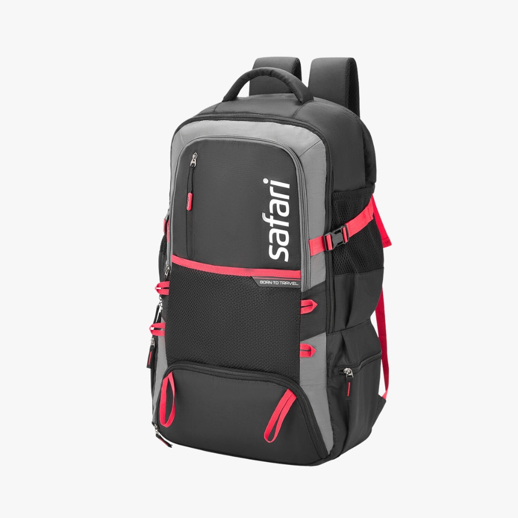 A side view of a black safari backpack with red straps and buckle details