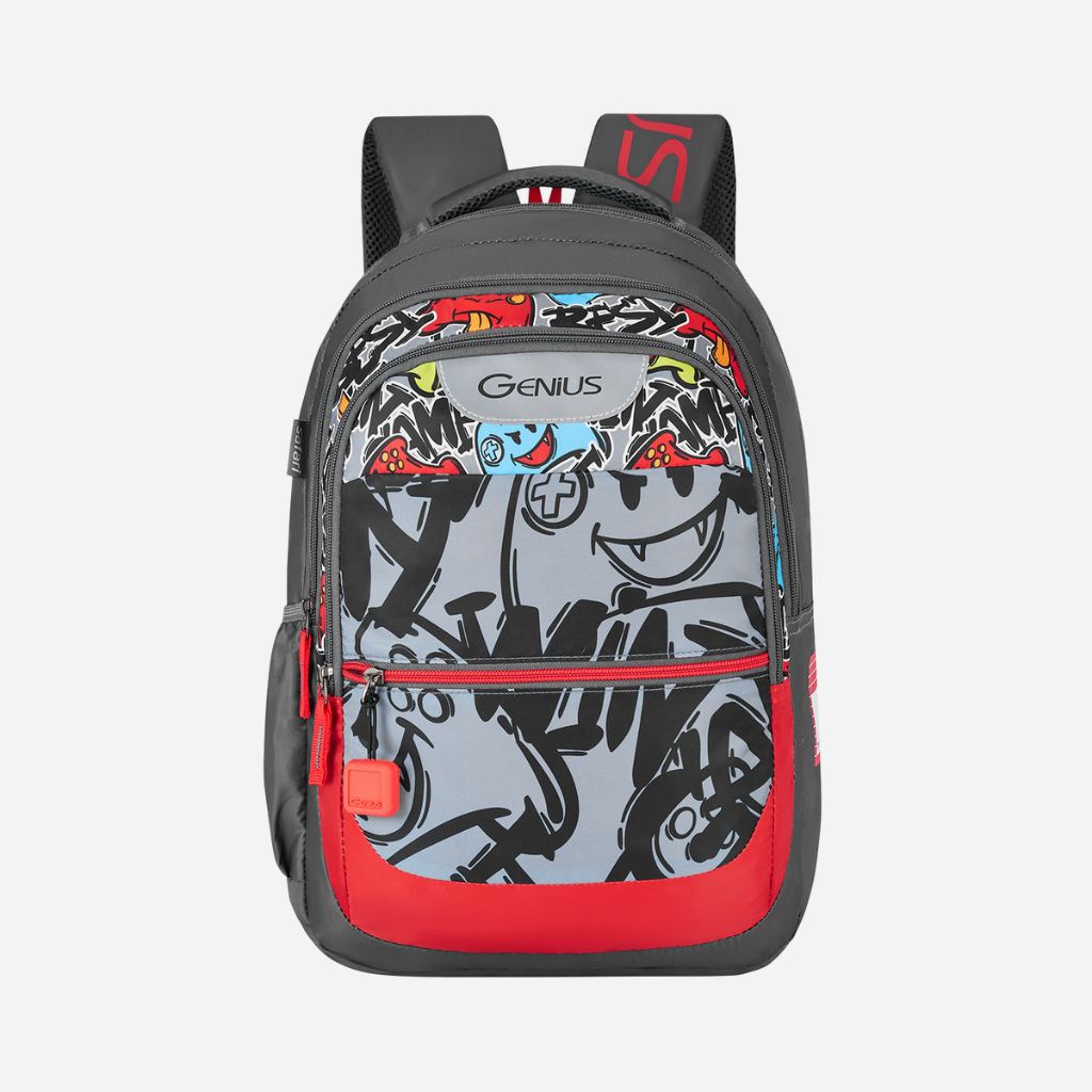 Genius by Safari Scribble 27L Grey School Backpack with Name Tag