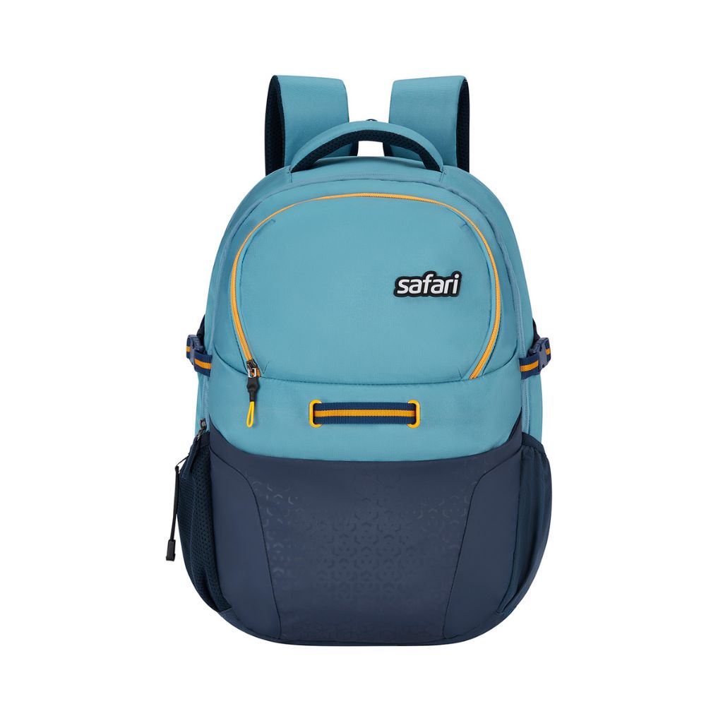 A front view of a teal and navy backpack with yellow accents