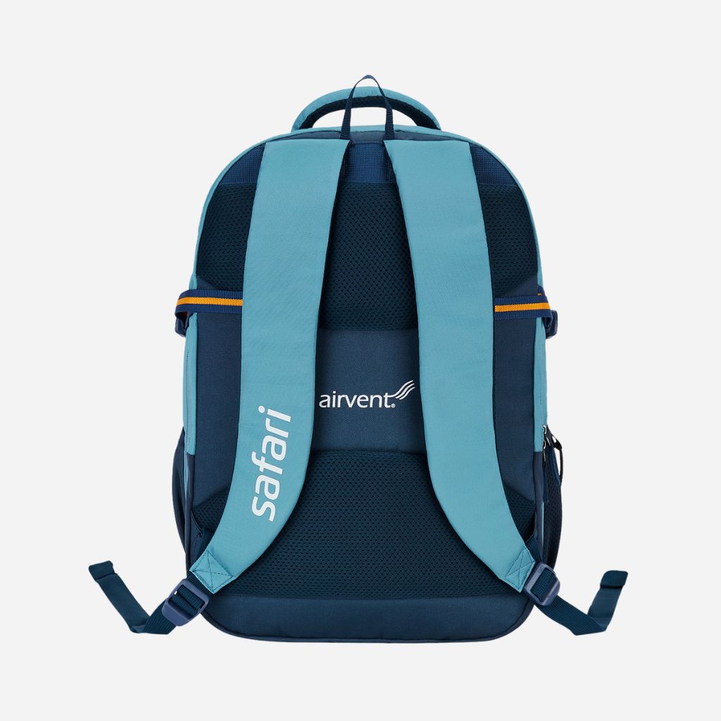 The back view of a teal and navy backpack with "safari" branding