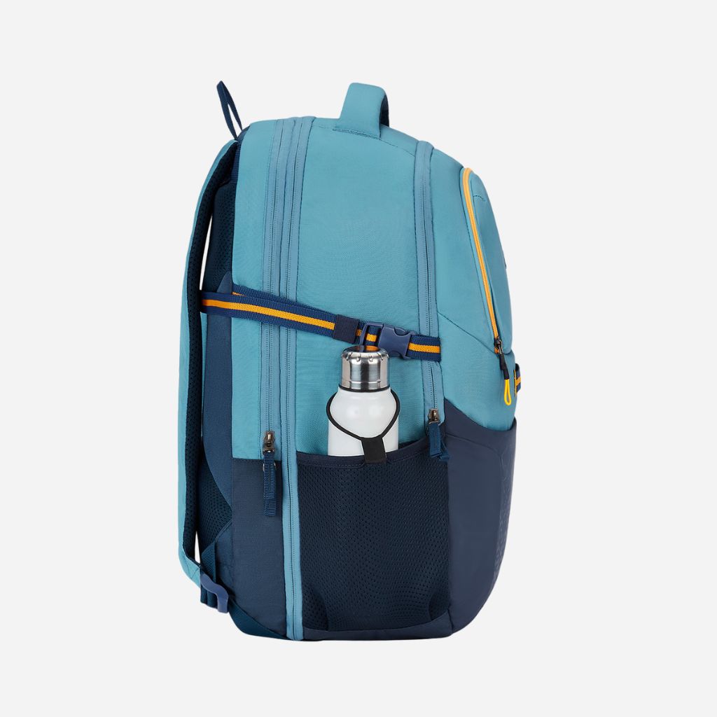 A side view of a teal and navy backpack with a water bottle
