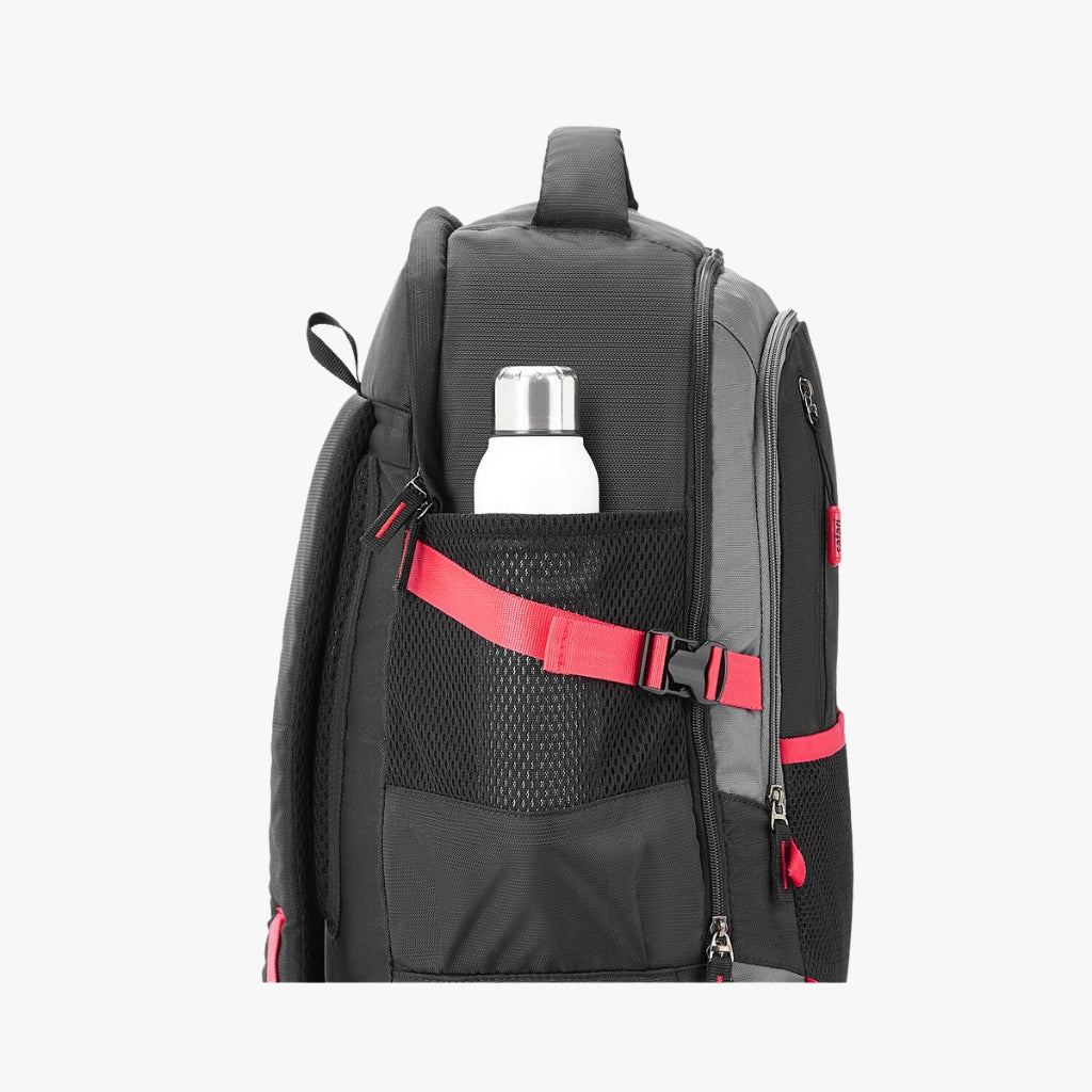 A black safari backpack with a side mesh pocket holding a white water bottle secured by a red strap