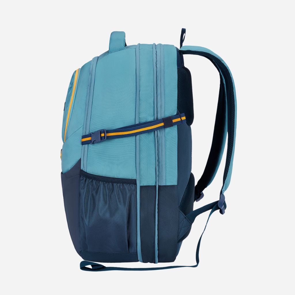 A side view of a teal and navy backpack