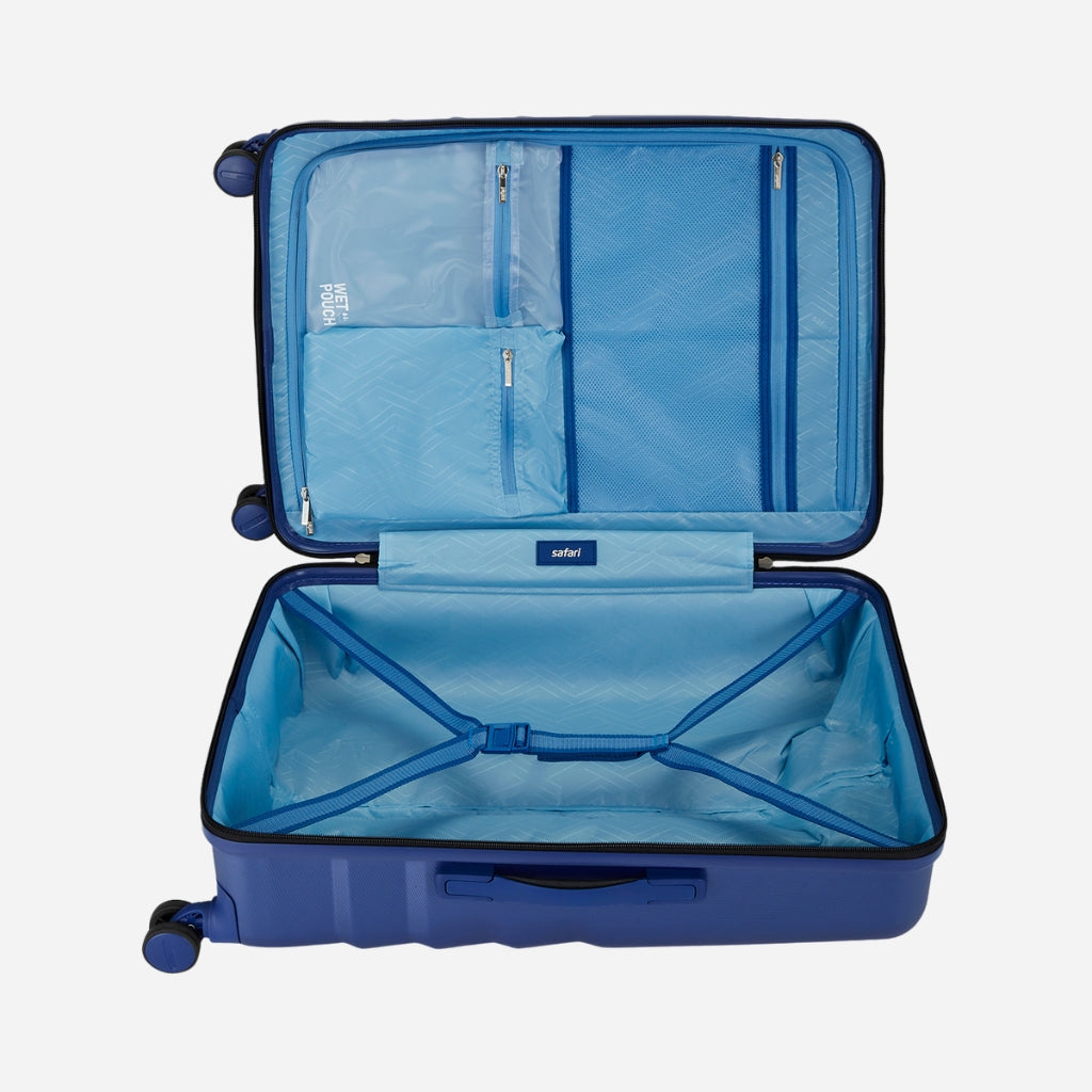 Safari Polaris Pro Titan Blue Trolley Bag with TSA Lock, Dual wheels, Side Hooks and Wet Pouch
