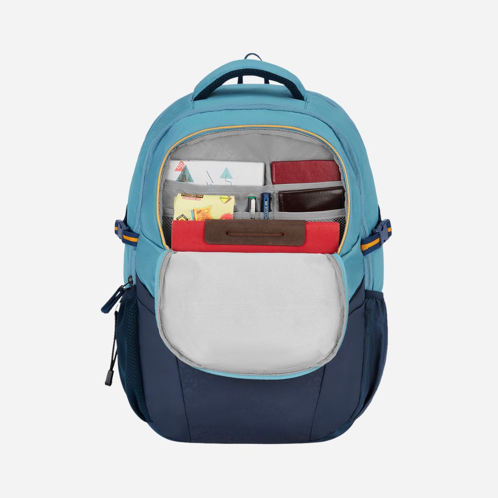 An open teal and navy backpack with organized compartments