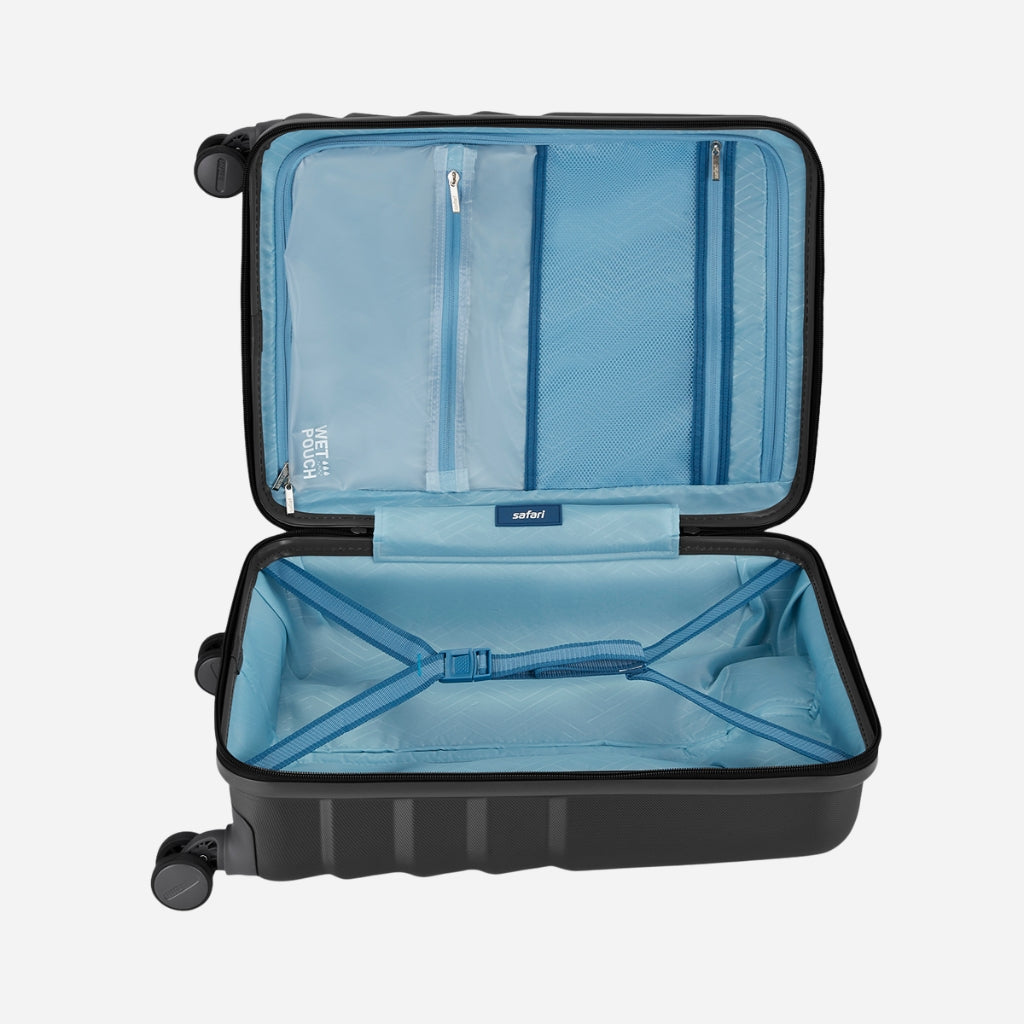 Safari Polaris Pro Castle Black Trolley Bag with TSA Lock, Dual wheels, Side Hooks and Wet Pouch