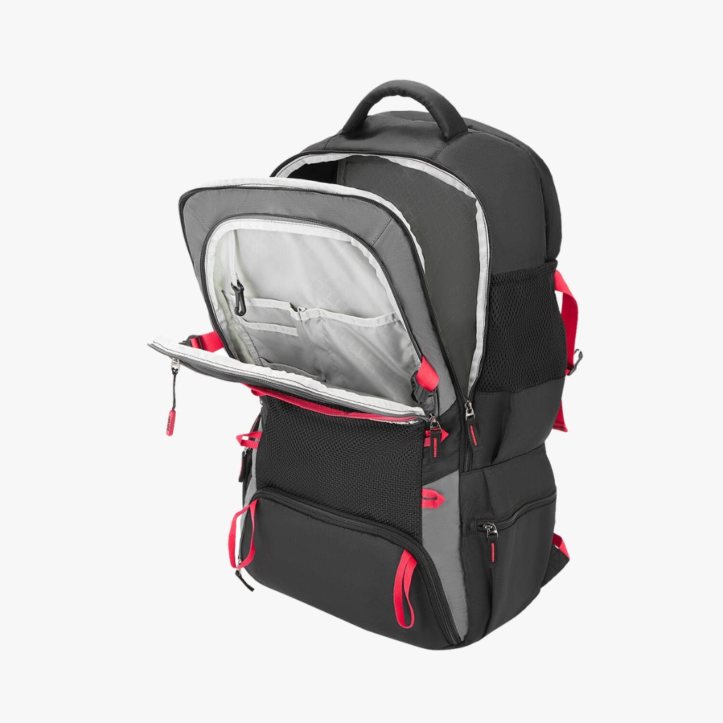 An open safari backpack featuring a spacious main compartment with a gray lining and multiple pockets