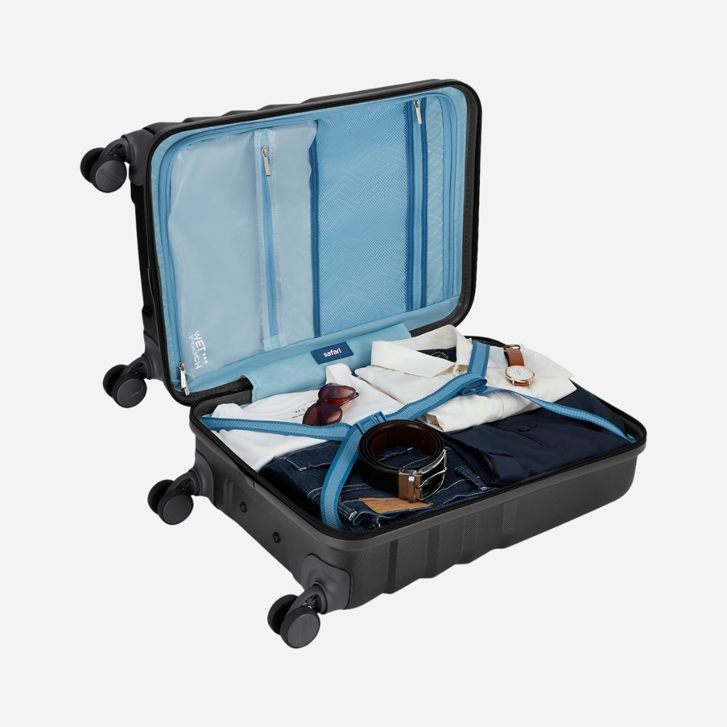 Safari Polaris Pro Castle Black Trolley Bag with TSA Lock, Dual wheels, Side Hooks and Wet Pouch