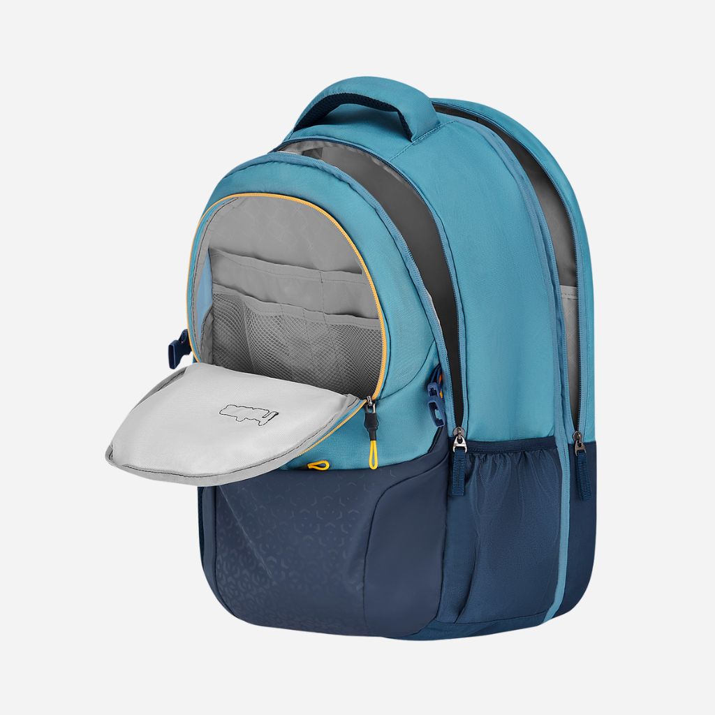 A teal and navy backpack with an open front pocket