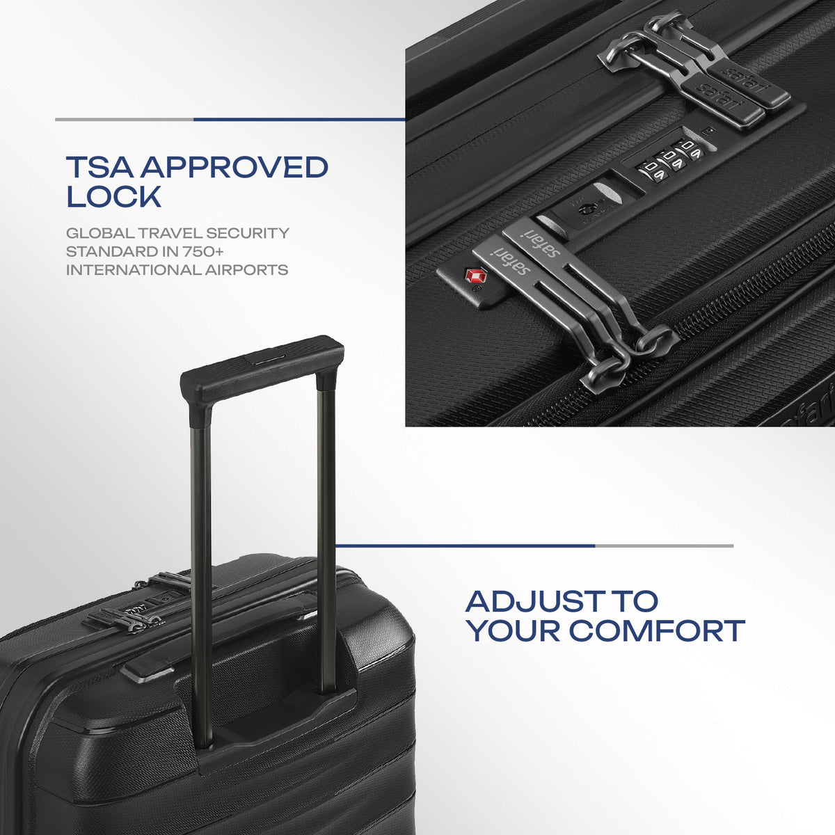 Safari Select Aerolite Black Cabin Trolley Bag with Laptop Compartment, TSA Lock, Dual wheels and Anti-Theft Zipper