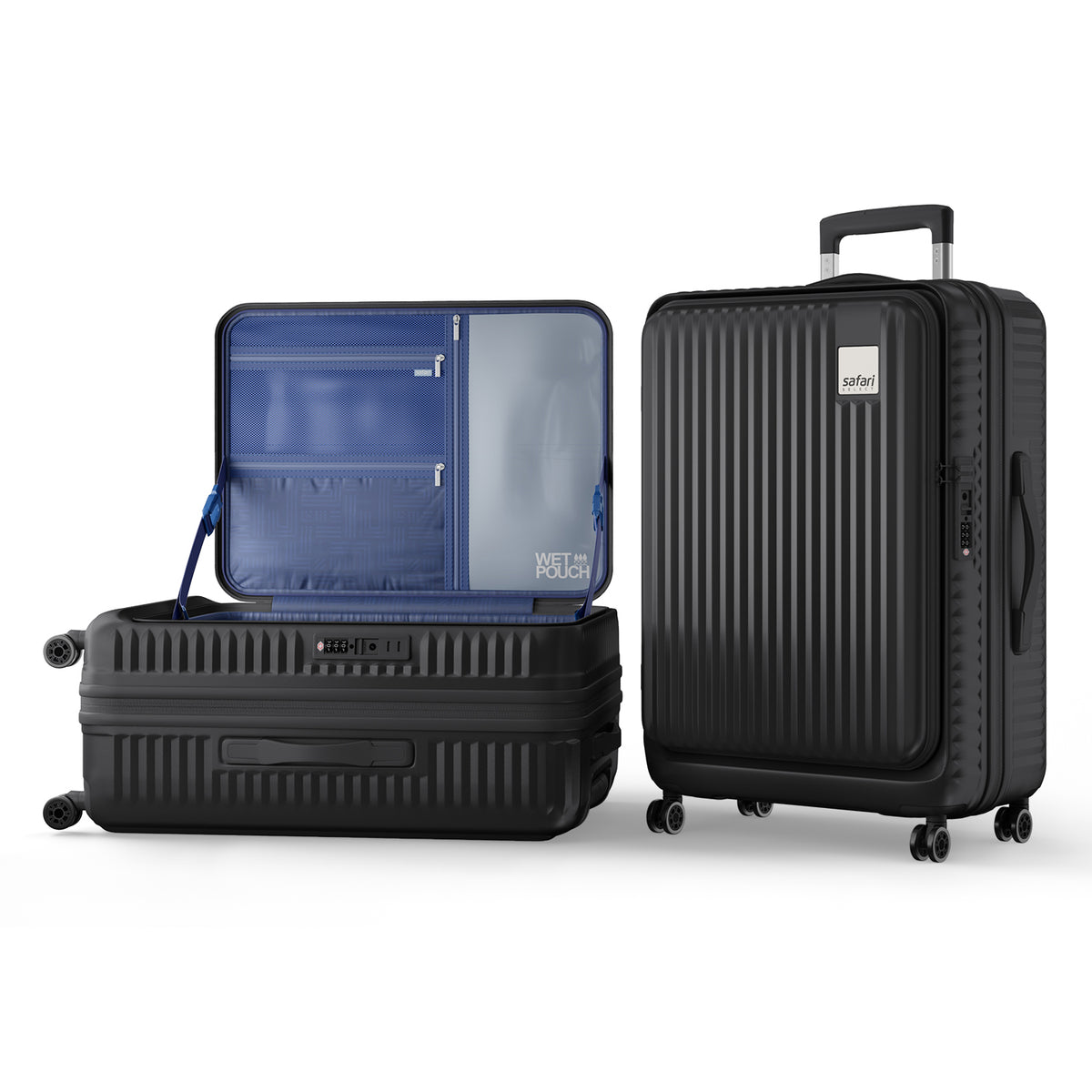Safari Select Recoil Black Large Front opening Trolley Bag with Expander, TSA Lock, Dual wheels and Anti-Theft Zipper