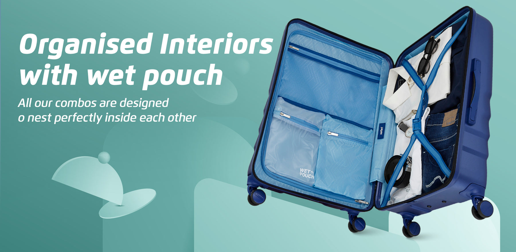 Safari Polaris Pro Titan Blue Trolley Bag with TSA Lock, Dual wheels, Side Hooks and Wet Pouch