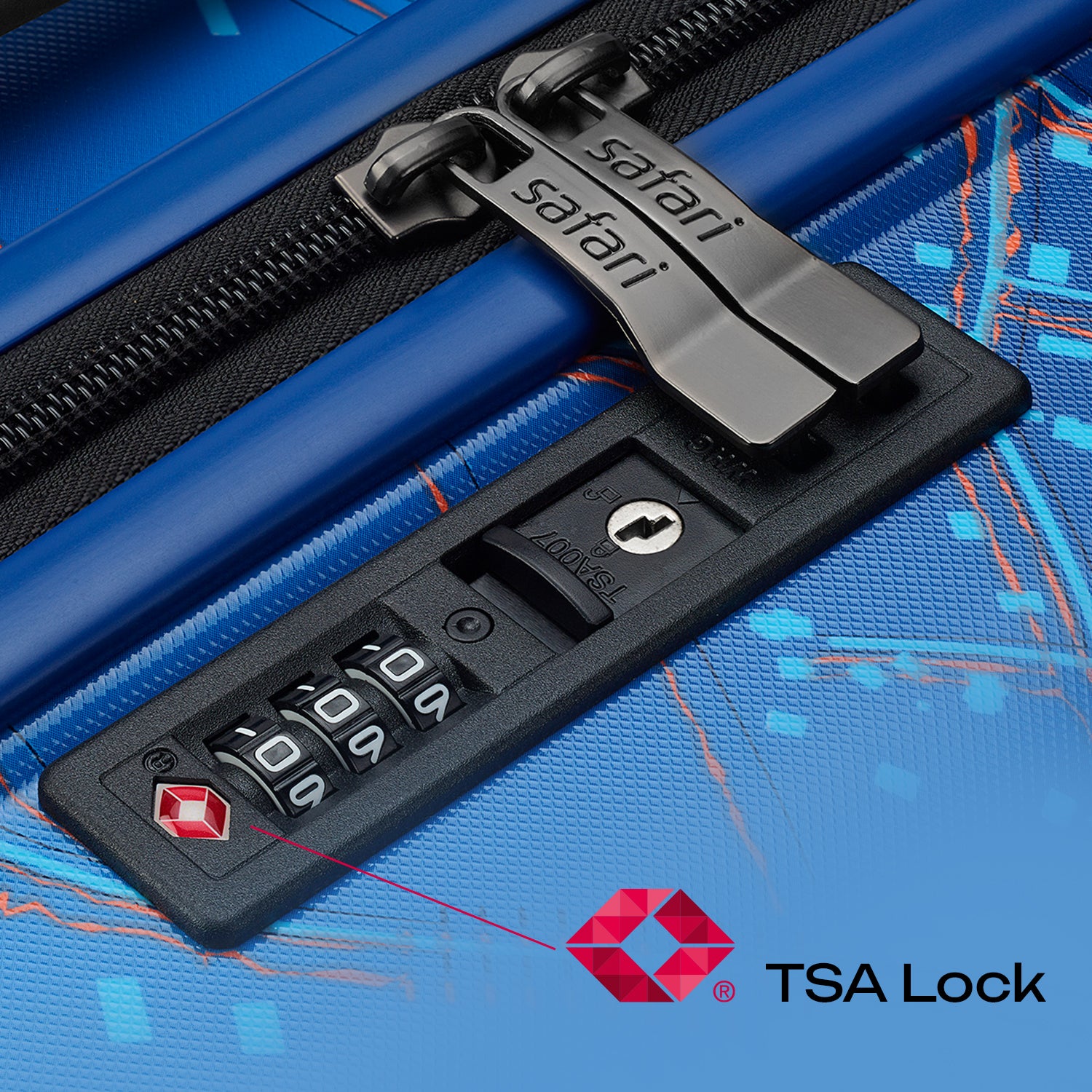 Safari Brooklyn Printed Blue Trolley Bag with TSA Lock, Dual wheels, Side Hooks and Wet Pouch