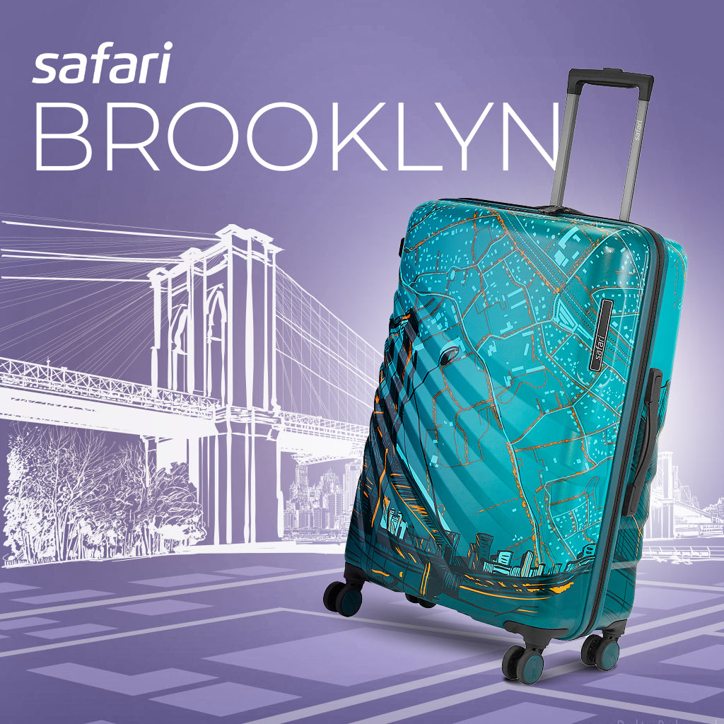 Safari Brooklyn Printed Teal Trolley Bag with TSA Lock, Dual wheels, Side Hooks and Wet Pouch