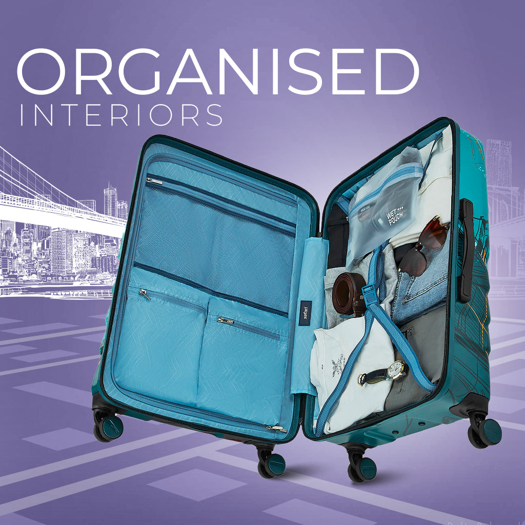 Safari Brooklyn Printed Teal Trolley Bag with TSA Lock, Dual wheels, Side Hooks and Wet Pouch