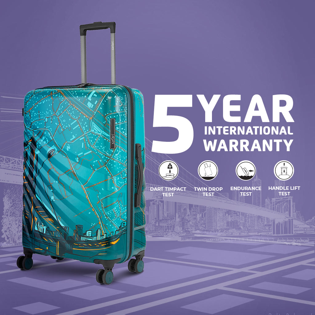 Safari Brooklyn Printed Teal Trolley Bag with TSA Lock, Dual wheels, Side Hooks and Wet Pouch