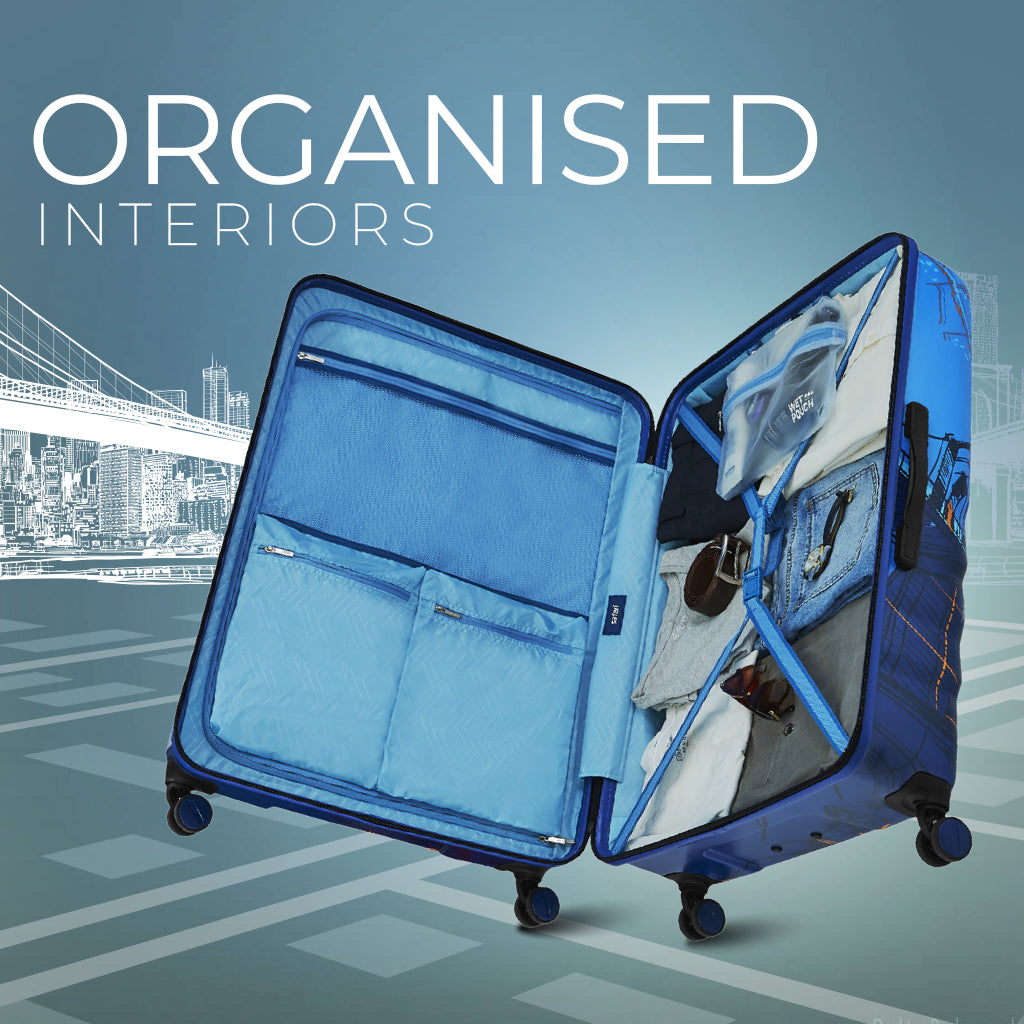 Safari Brooklyn Printed Blue Trolley Bag with TSA Lock, Dual wheels, Side Hooks and Wet Pouch