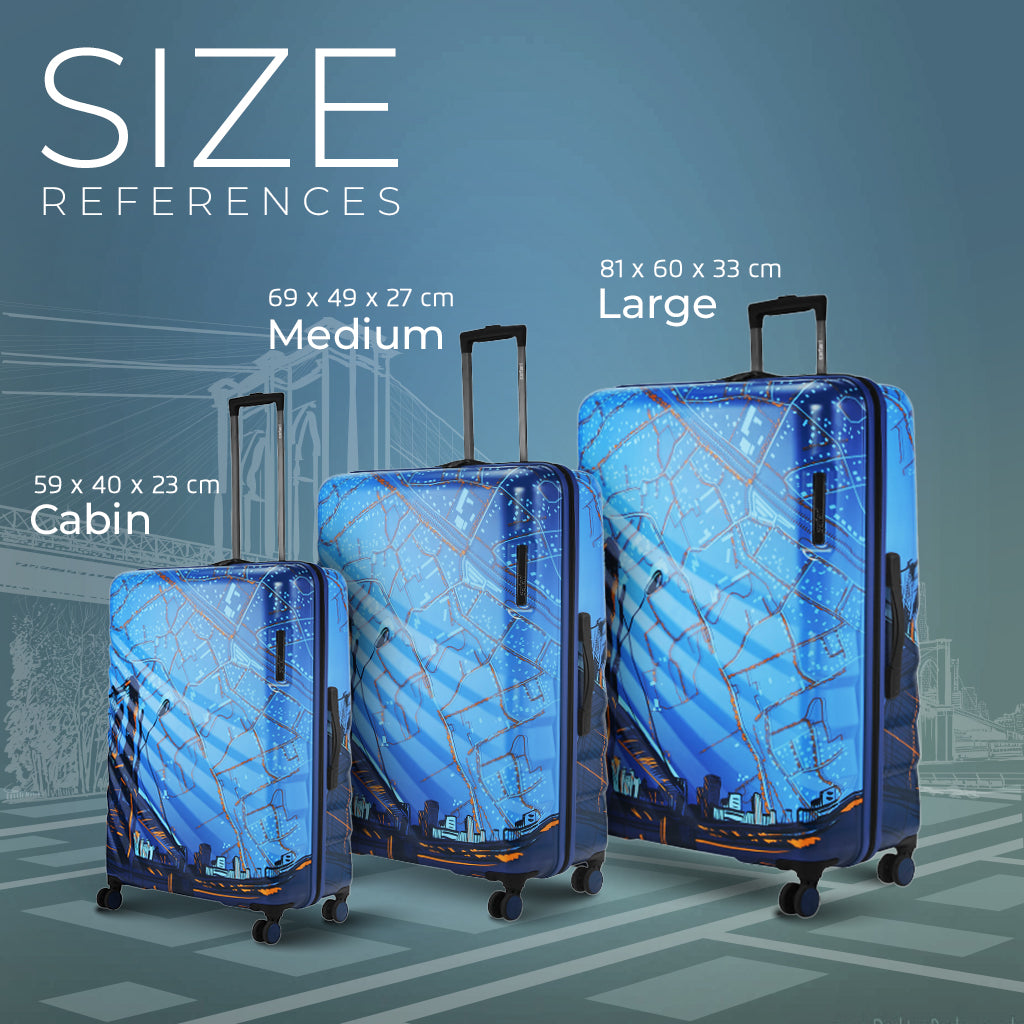 Safari Brooklyn Printed Blue Trolley Bag with TSA Lock, Dual wheels, Side Hooks and Wet Pouch