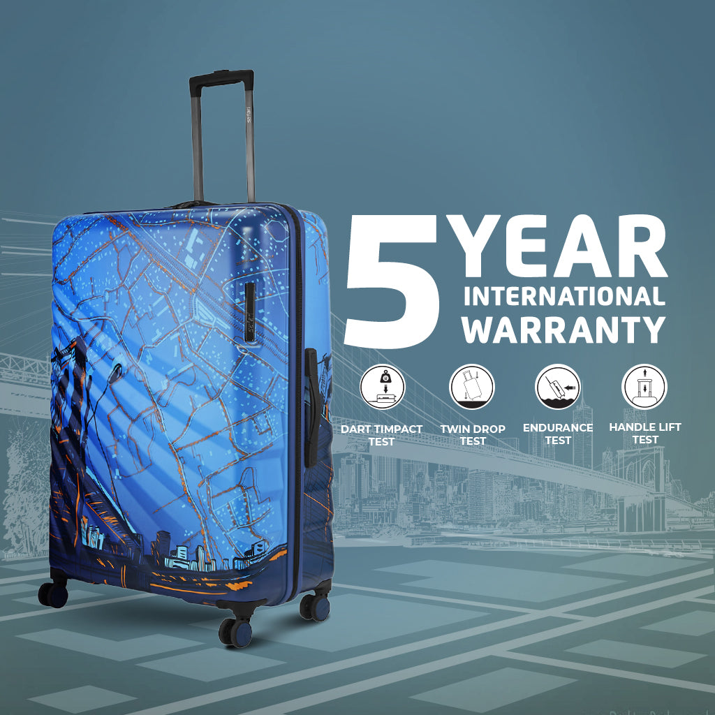 Safari Brooklyn Printed Blue Trolley Bag with TSA Lock, Dual wheels, Side Hooks and Wet Pouch