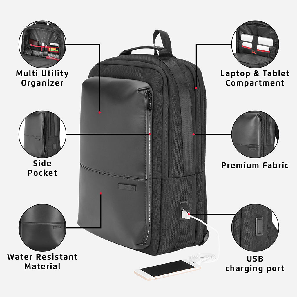 A black backpack highlighting its features, such as a multi-utility organizer