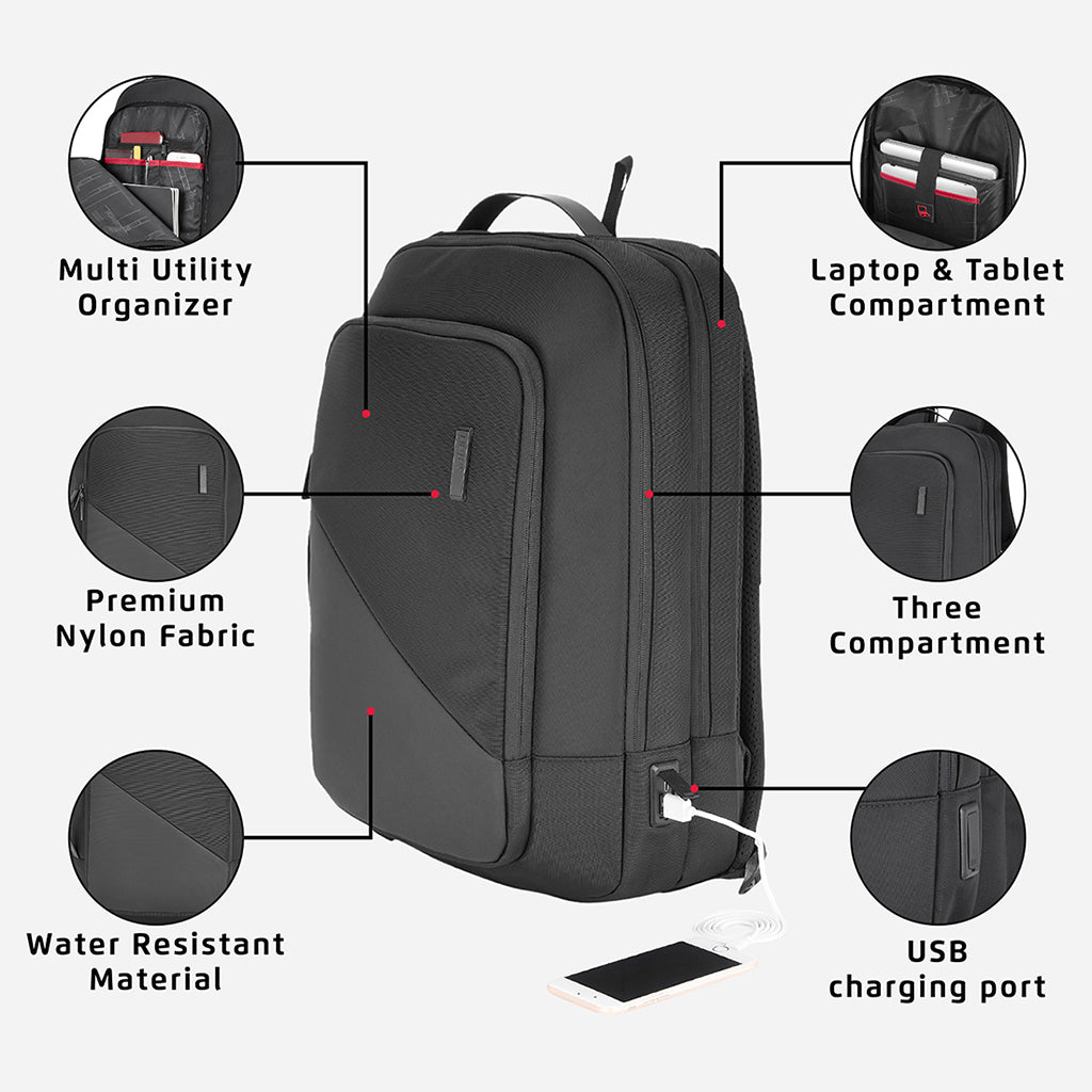 Safari Sage 19L Black Formal Backpack with USB Port, Premium Fabric, Multiple Handles and Sunglass Loop