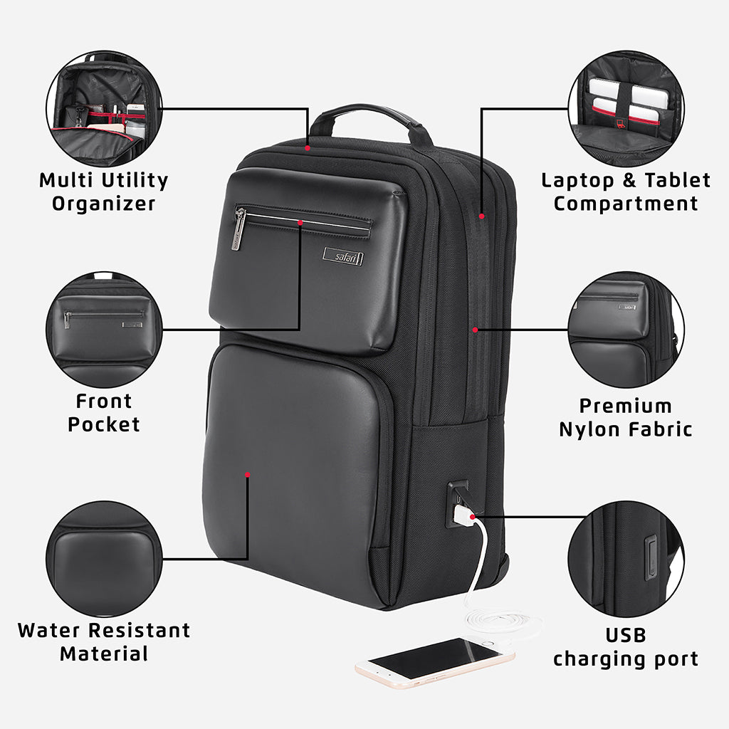 Safari Whisk 16L Black Formal Backpack with Laptop Sleeve and USB Charging port