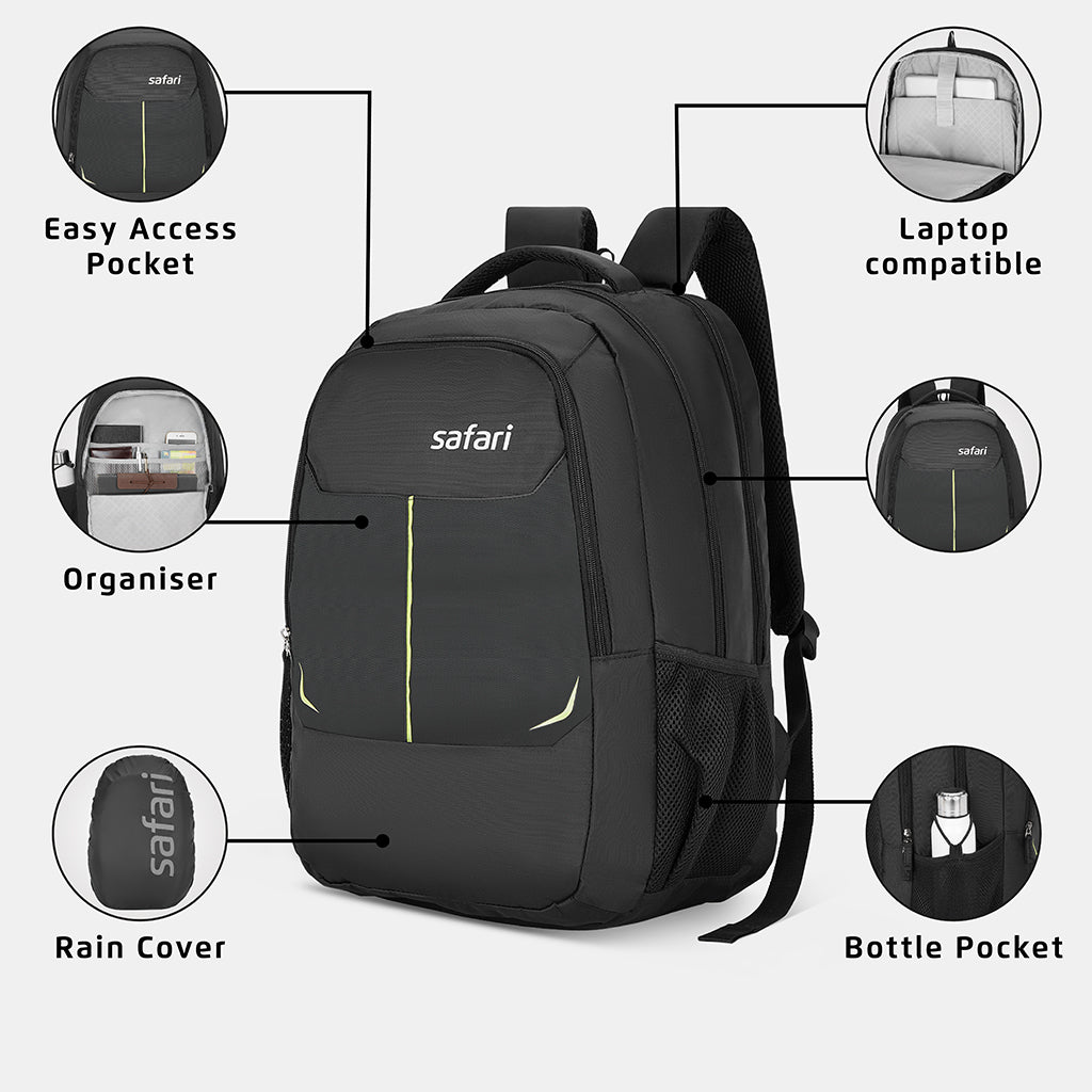 Safari Delta Plus 3 36L Black Backpack with Rain cover and Easy Access Pockets