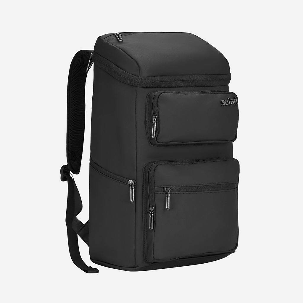 A black backpack viewed from the side with a visible side handle