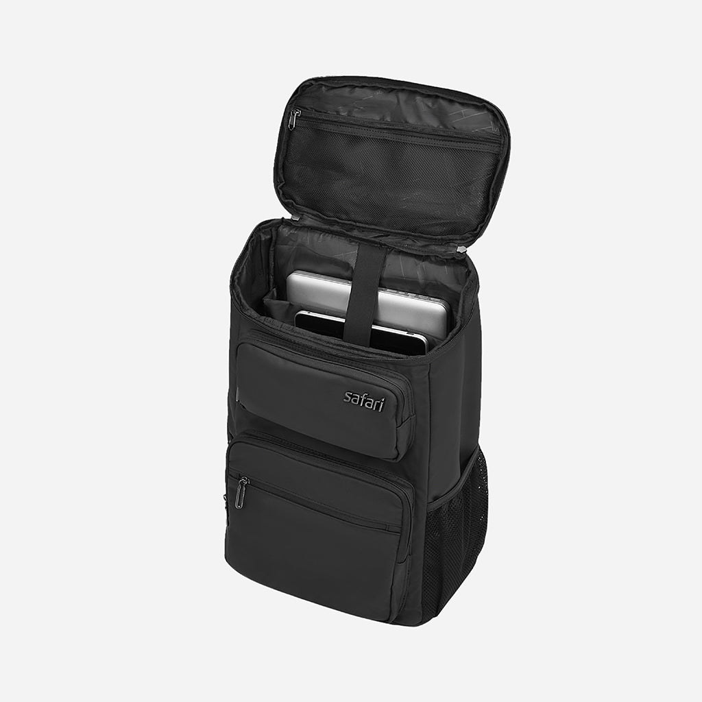 The interior of a black backpack is shown open, revealing a padded compartment for electronic devices