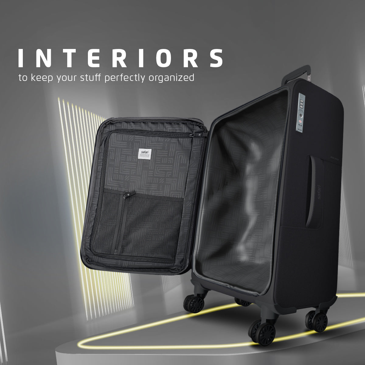 Safari Airpro 40% Lighter Black Trolley Bag with Dual Wheels, Detailed interiors and Expander