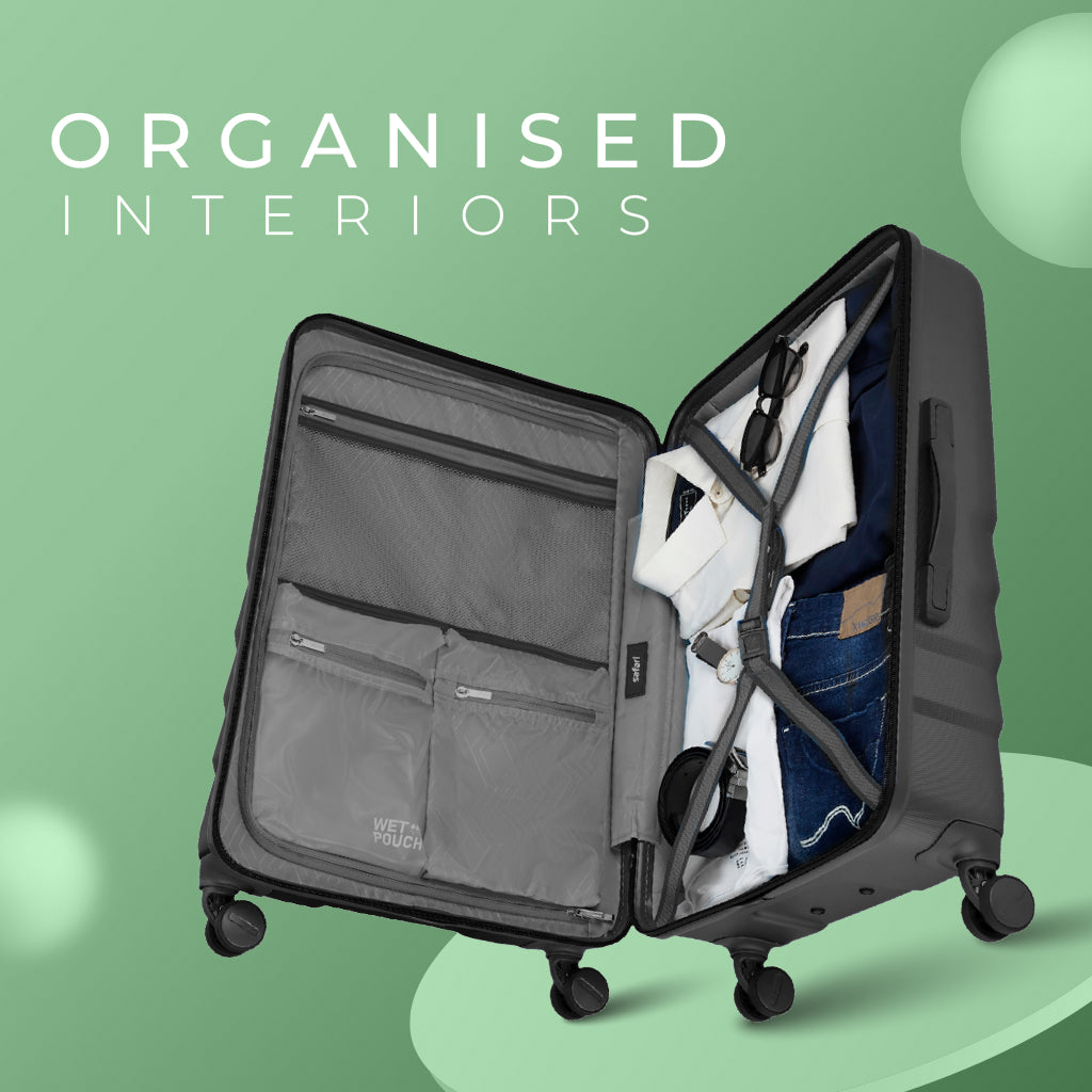 Safari Polaris Pro Castle Black Trolley Bag with TSA Lock, Dual wheels, Side Hooks and Wet Pouch