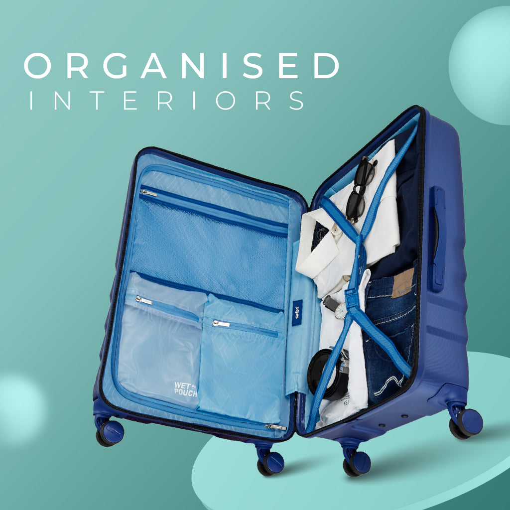 Safari Polaris Pro Titan Blue Trolley Bag with TSA Lock, Dual wheels, Side Hooks and Wet Pouch