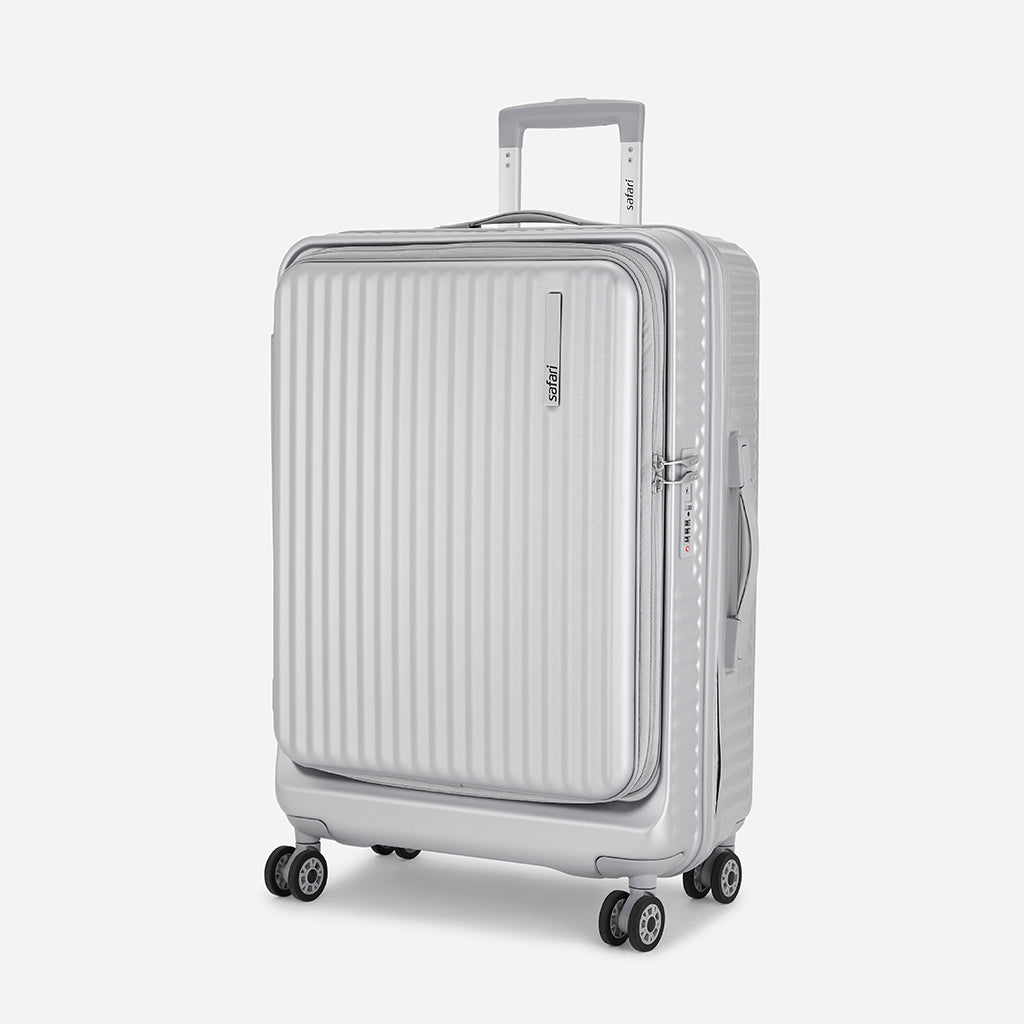 Safari Select Recoil Silver Large Front Opening Trolley Bag with Expander, TSA Lock, Dual wheels and Anti-Theft Zipper
