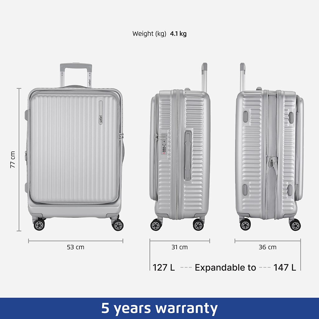 Safari Select Recoil Silver Large Front Opening Trolley Bag with Expander, TSA Lock, Dual wheels and Anti-Theft Zipper
