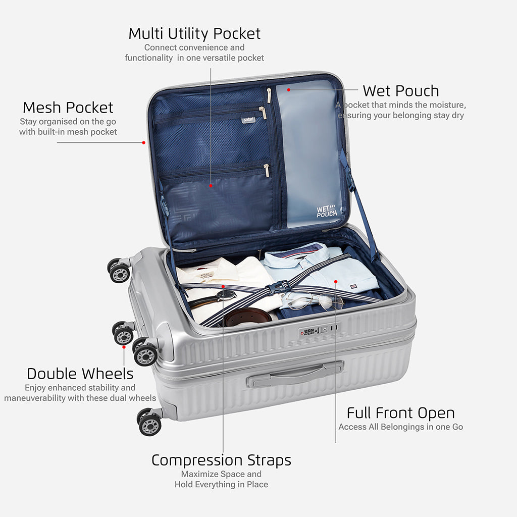 Safari Select Recoil Silver Large Front Opening Trolley Bag with Expander, TSA Lock, Dual wheels and Anti-Theft Zipper