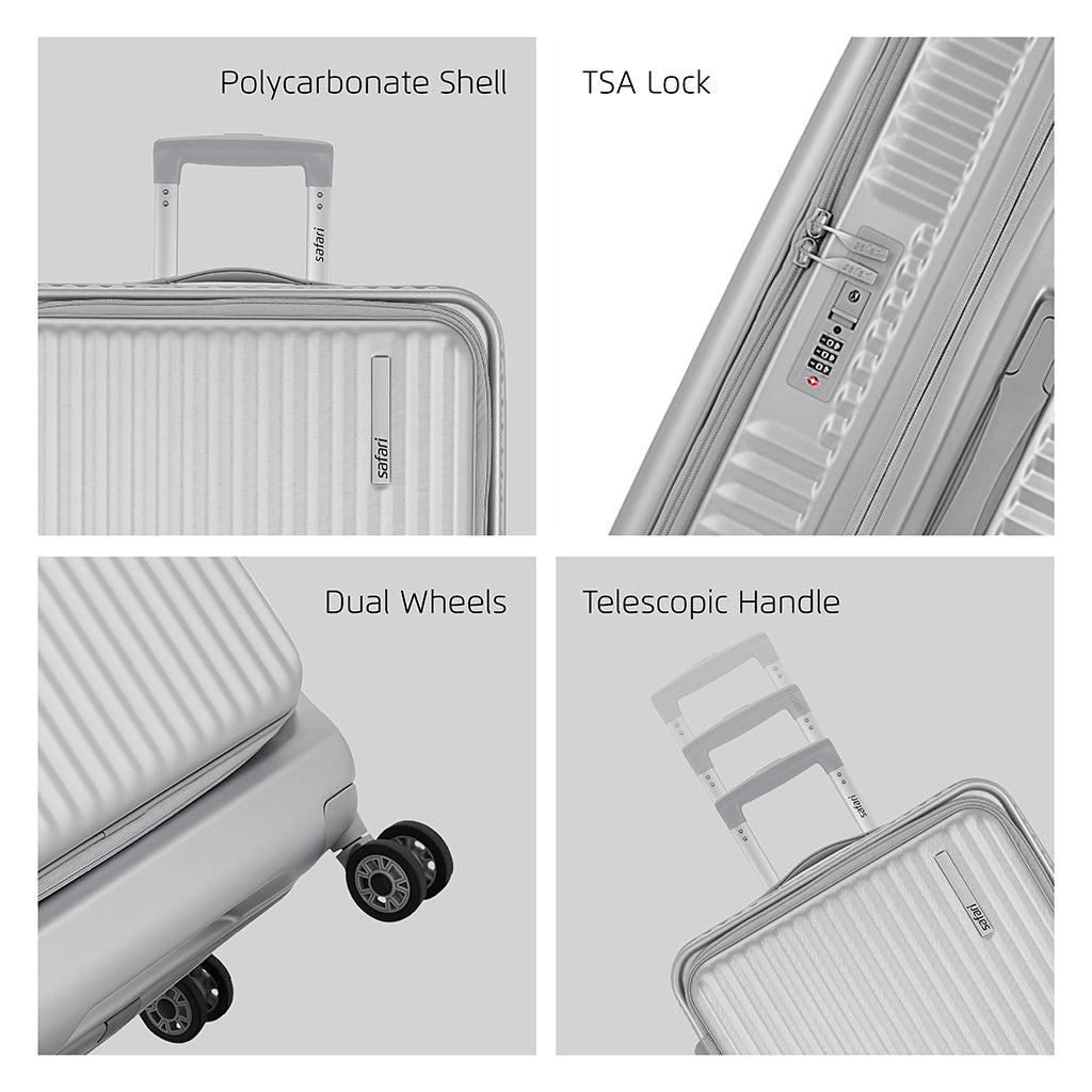 Safari Select Recoil Silver Large Front Opening Trolley Bag with Expander, TSA Lock, Dual wheels and Anti-Theft Zipper