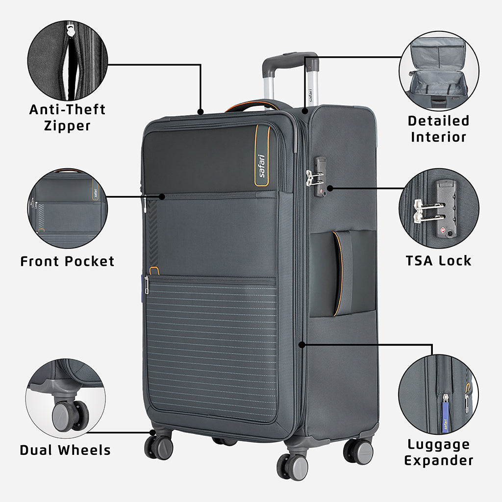 Safari Jetsetter Grey Trolley Bag with Anti Theft Zipper,TSA lock and Dual Wheels