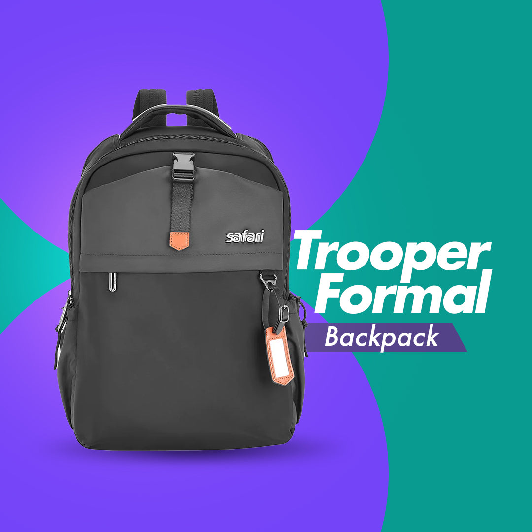 Safari Trooper 20L Black Formal Backpack with Premium Nylon Fabric, Name Tag and Trolley Sleeve