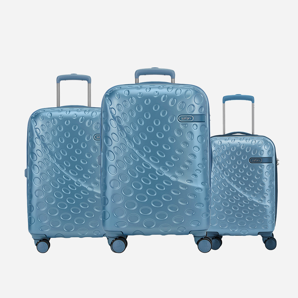 Safari Orbit Set of 3 Pearl Blue Trolley Bags with Premium Interior, Wet Pouch & Anti Theft Zipper
