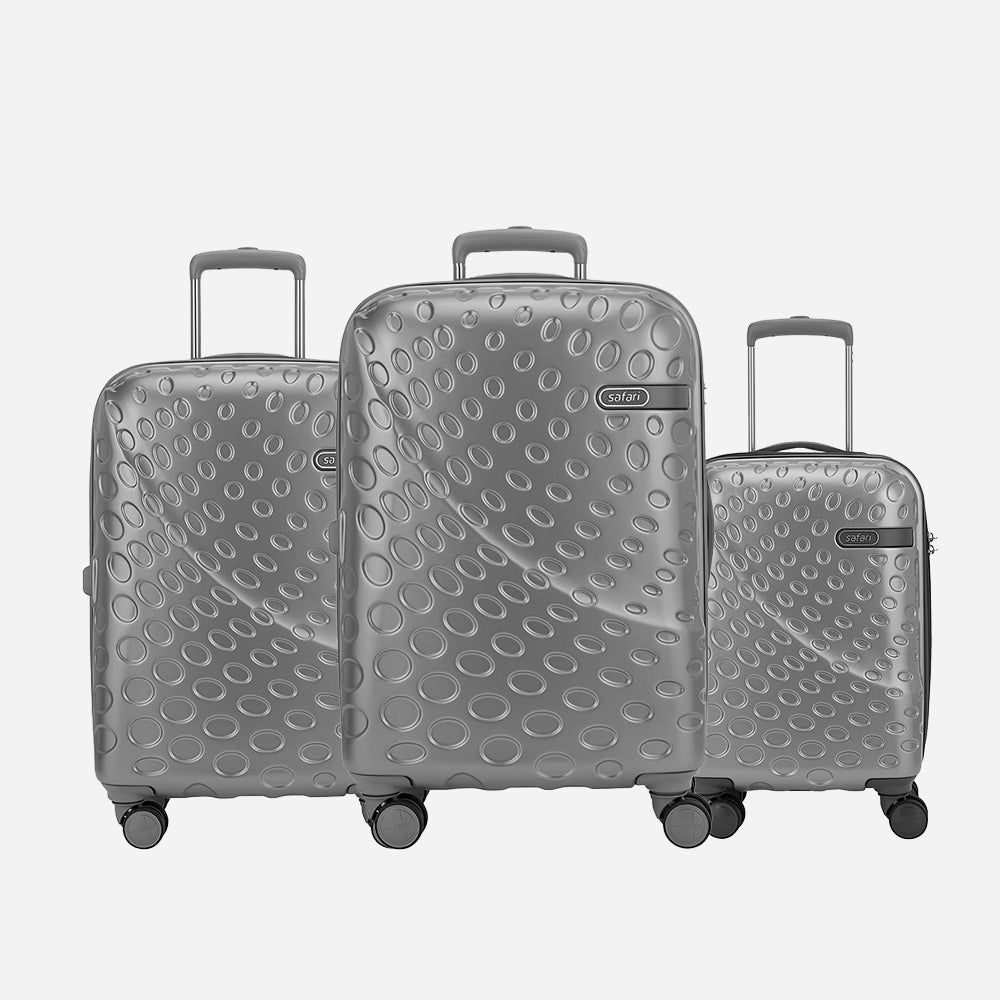 Safari Orbit Set of 3 Silver Trolley Bags with Dual Wheels & Anti Theft Zipper