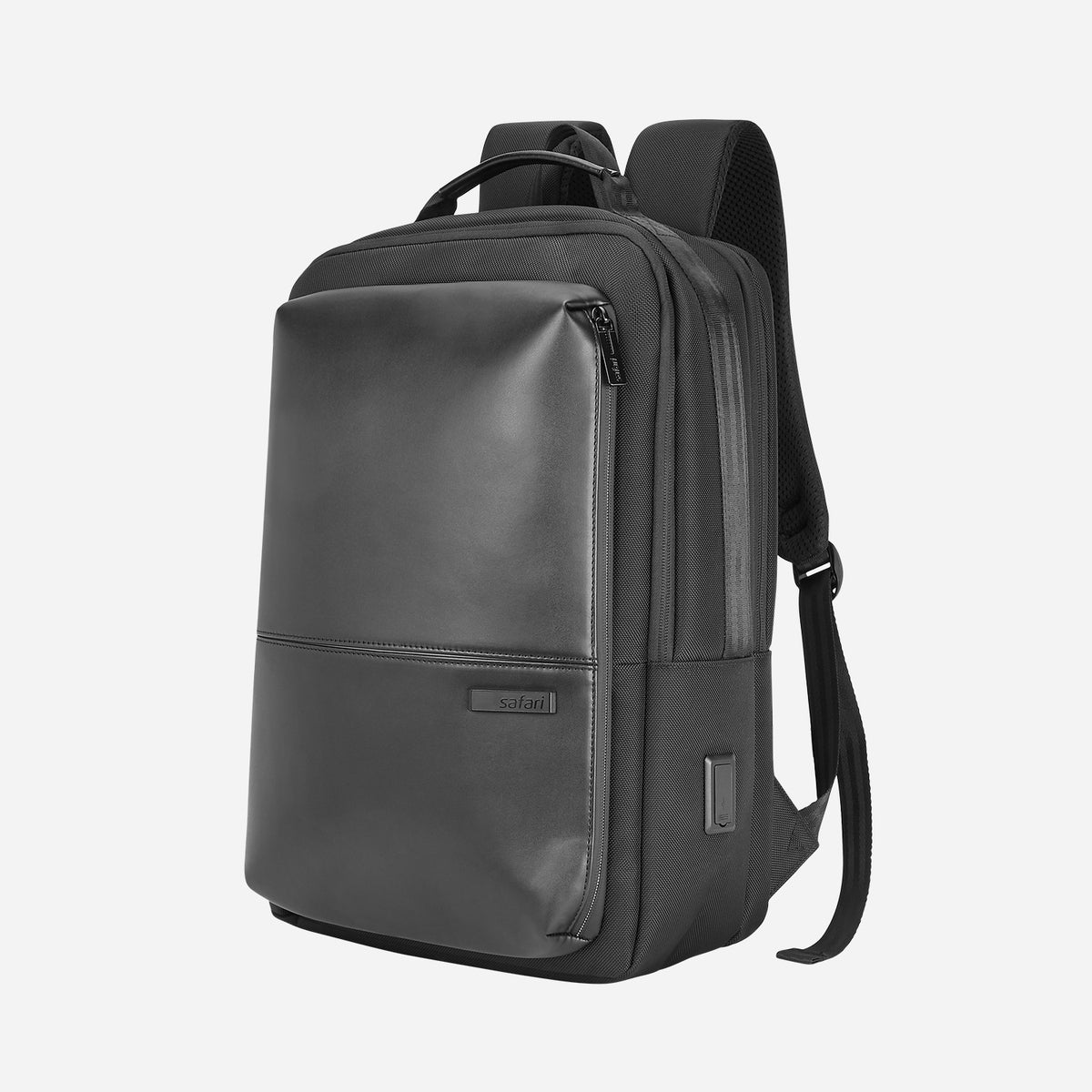 A side view of a sleek black backpack featuring a smooth leather-like texture