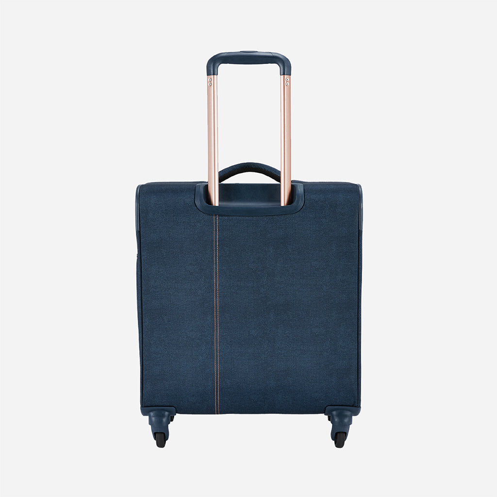 Safari Denim Navy Blue Overnighter Laptop Trolley Bag with Fixed Lock and Detailed Interior.