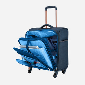Safari Denim Navy Blue Overnighter Laptop Trolley Bag with Fixed Lock and Detailed Interior.
