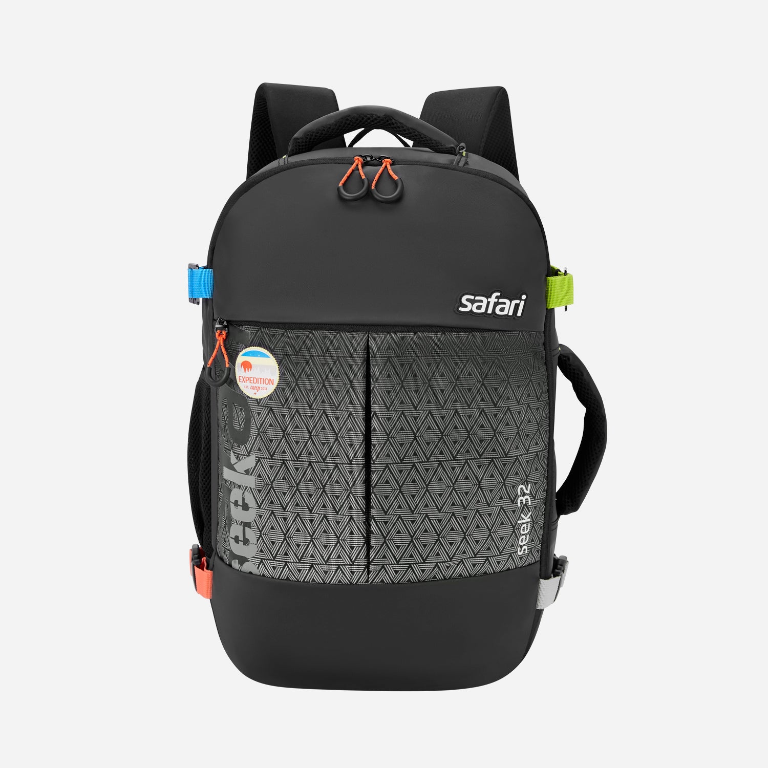 Front view of a black Safari backpack with a blue horizontal strap and patterned front pocket.