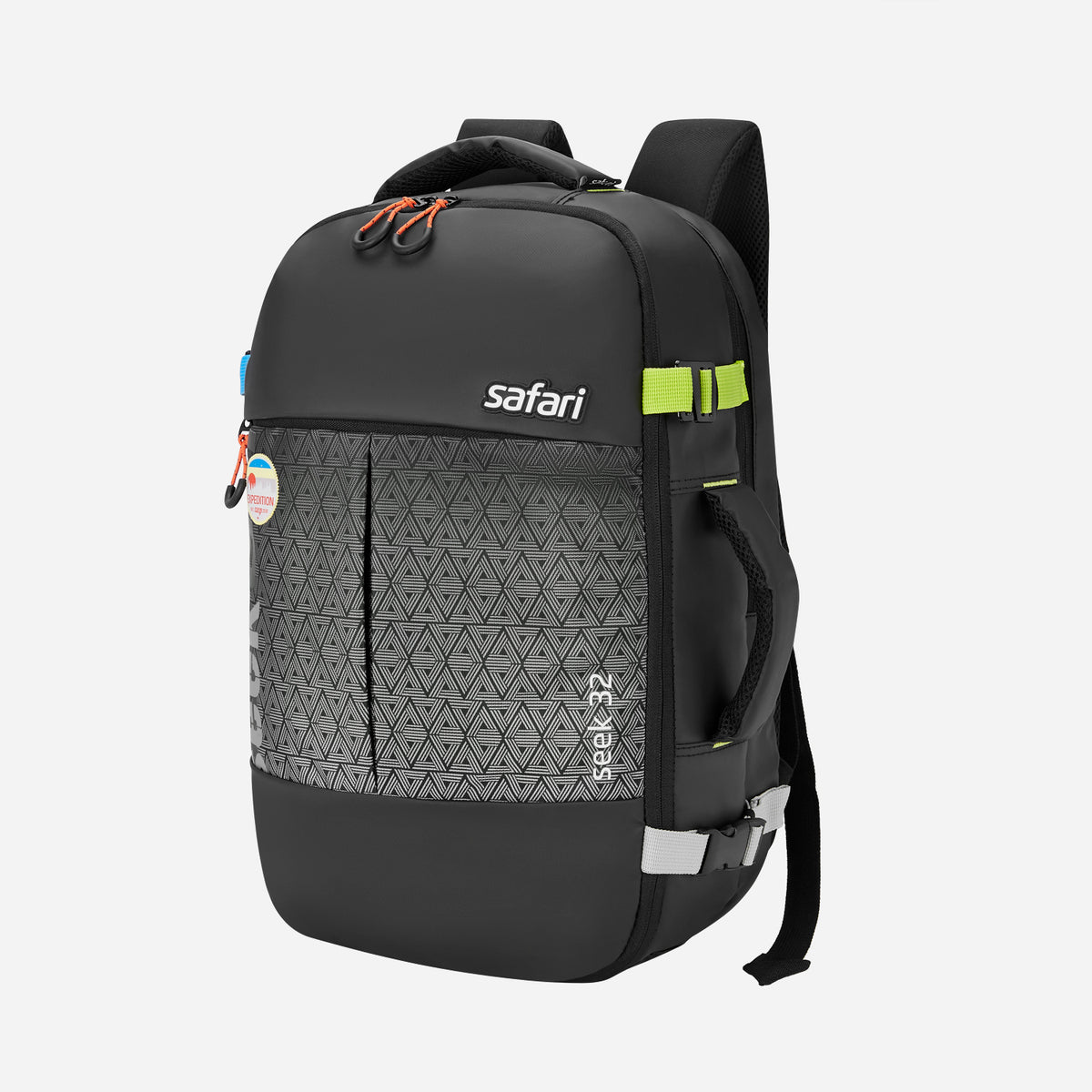 A black Safari backpack with a patterned front pocket, neon green clips, and colorful zipper pulls.
