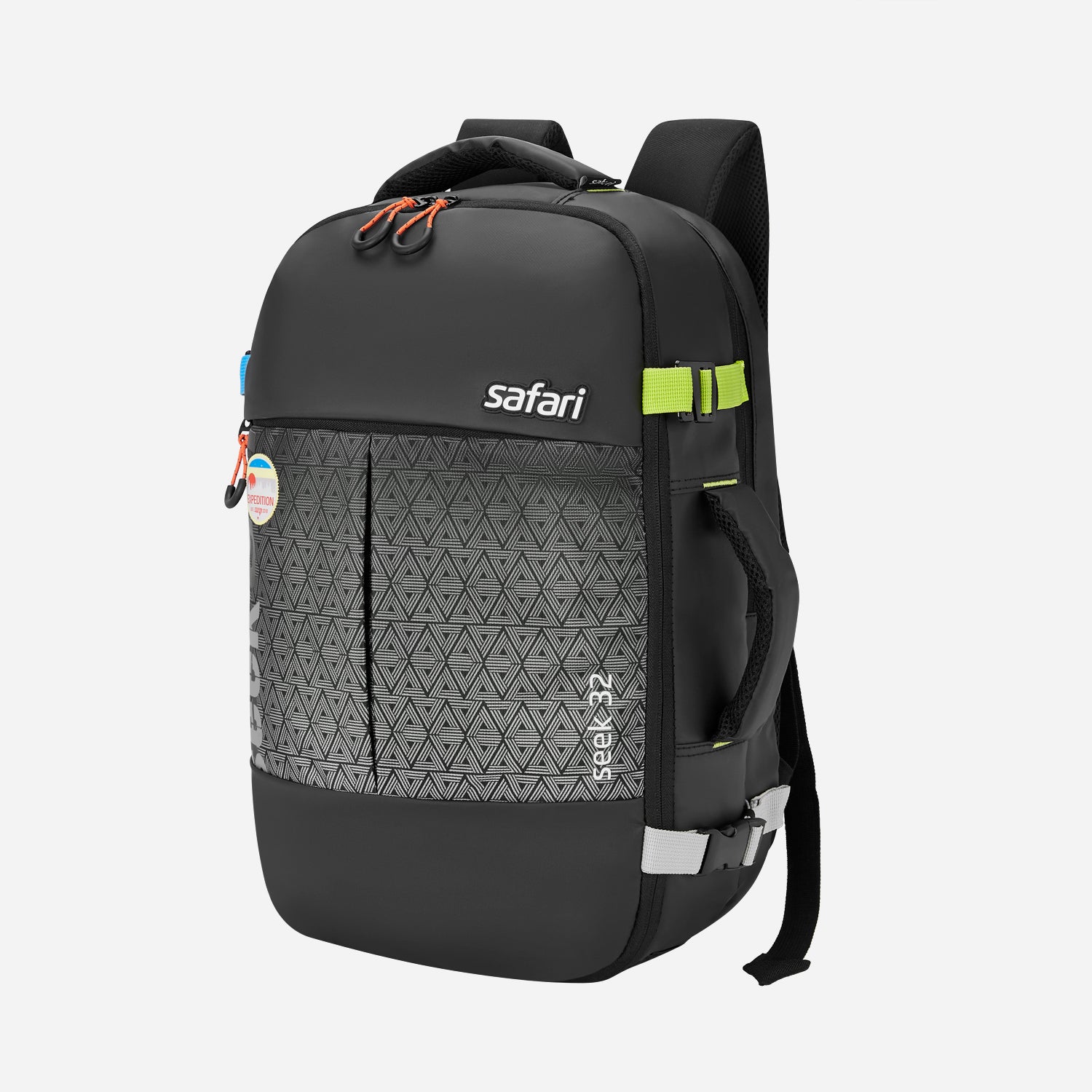 A black Safari backpack with a patterned front pocket, neon green clips, and colorful zipper pulls.