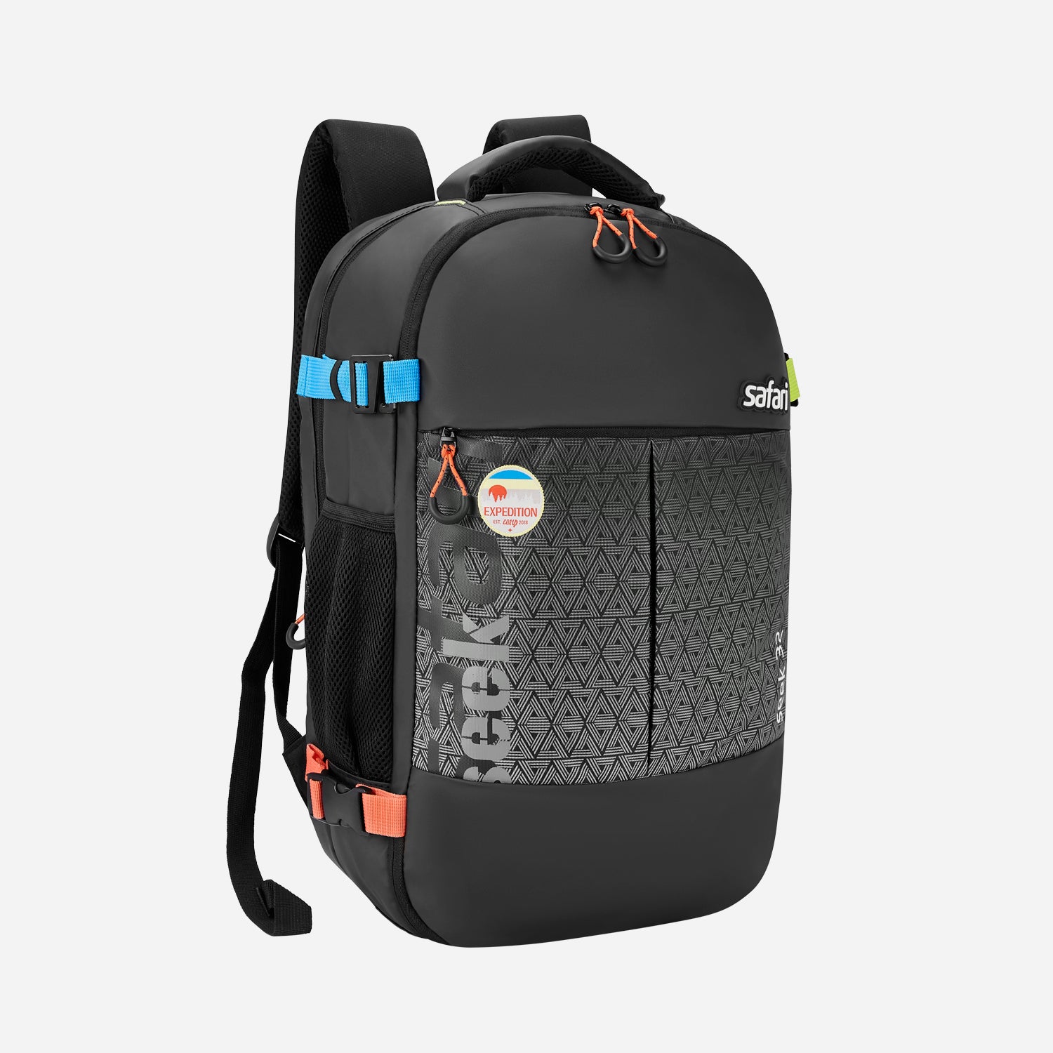 Side view of a black Safari backpack with a blue horizontal strap and patterned front pocket.