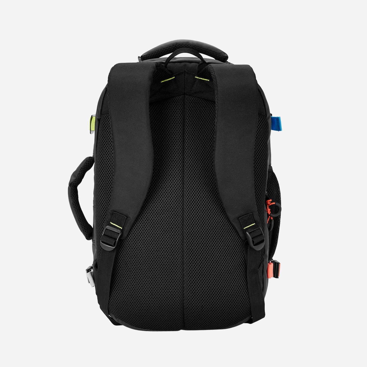 The back view of a black Safari backpack with ergonomic mesh padding and neon highlights.