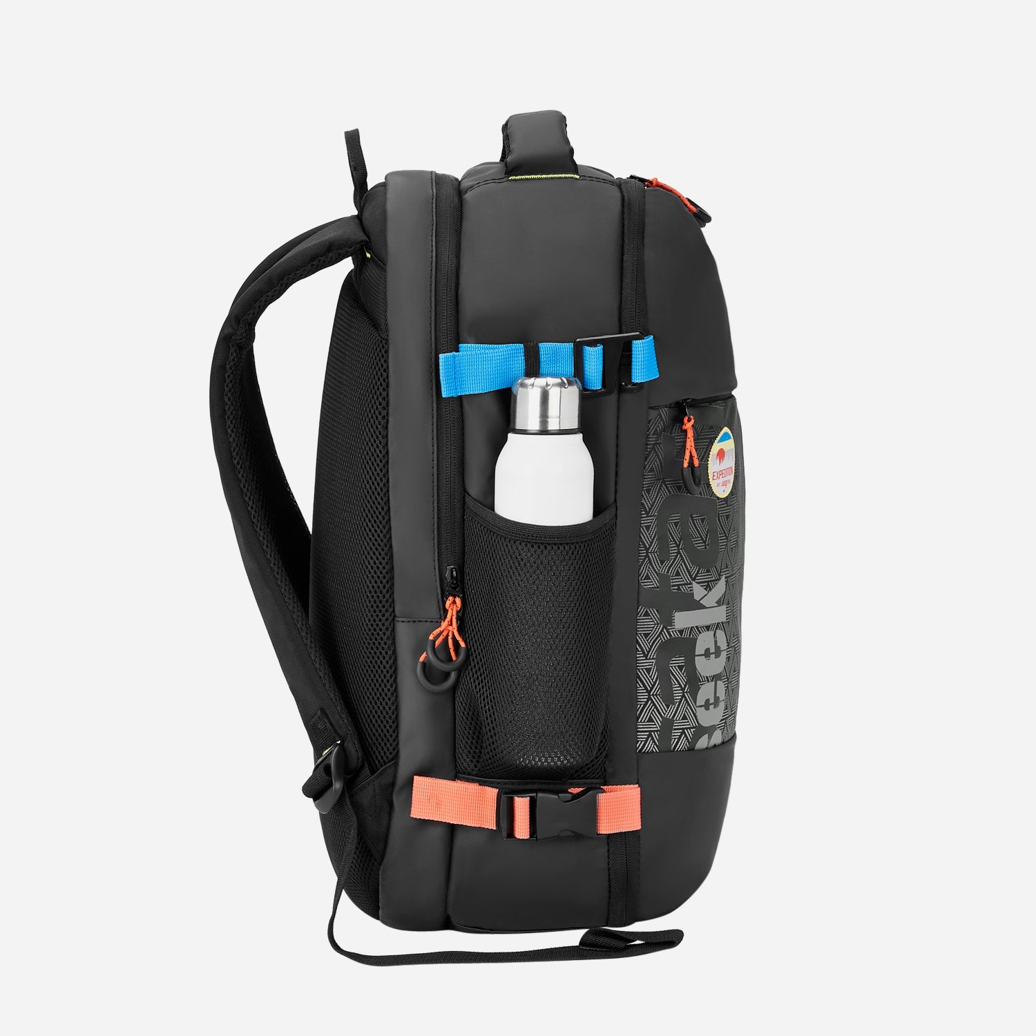 A side view of a black Safari backpack with a white water bottle secured in the mesh pocket.
