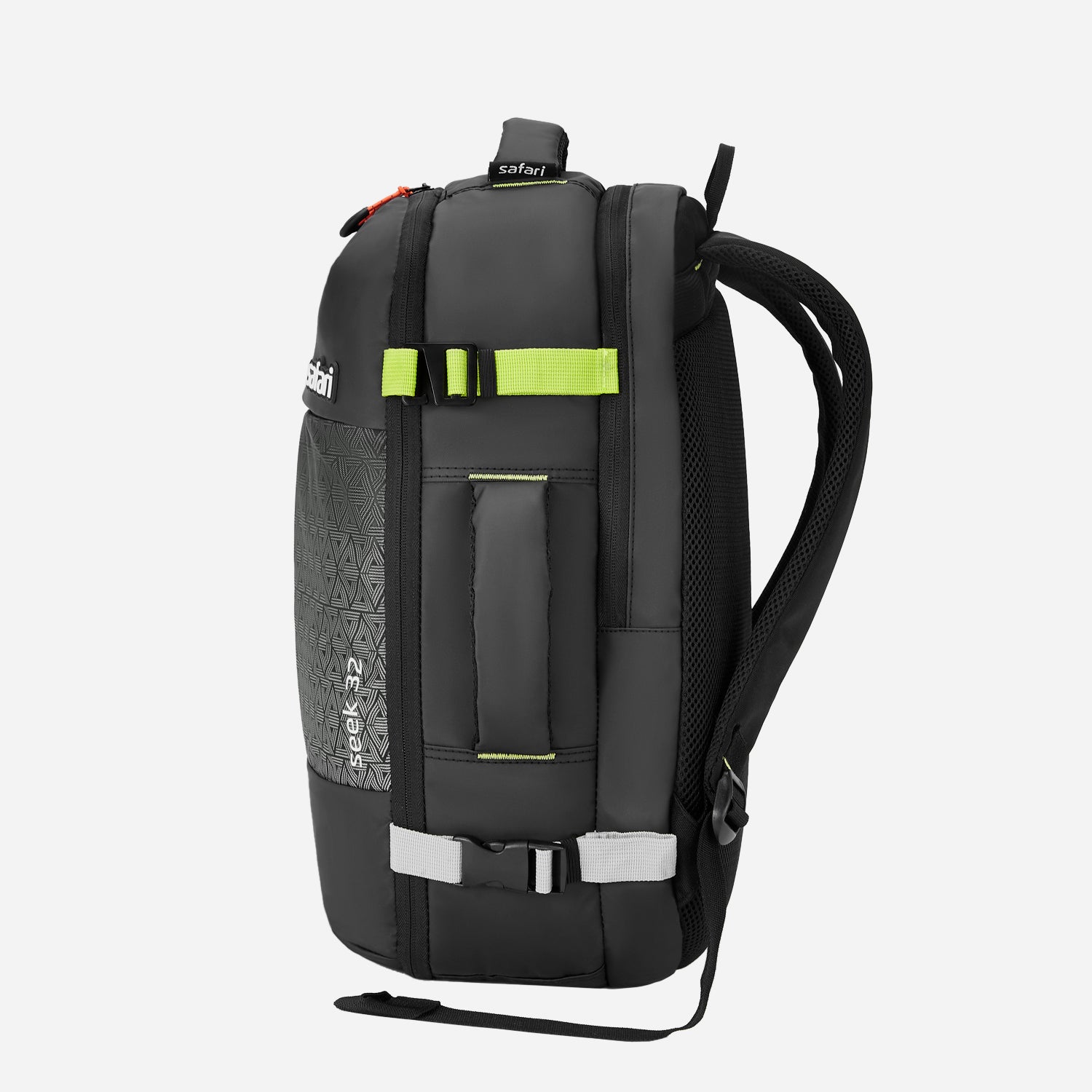 A black Safari backpack with straps compressed, showcasing its slim and compact design.